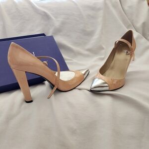 STUART WEITZMAN Blush &Silver Patent Leather 11M Mary Jane Pointed Toe Orig $475